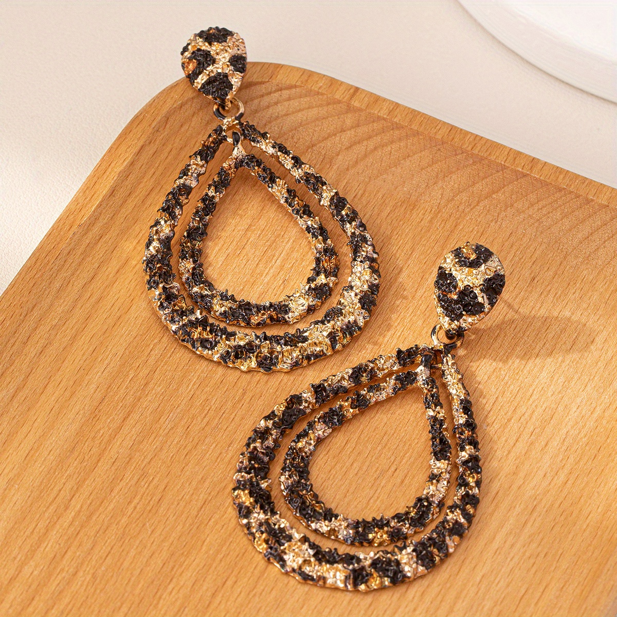 Leopard Print Teardrop Earrings with Golden Accents